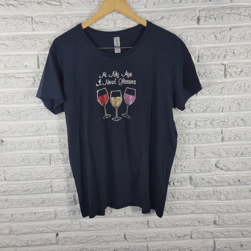 Gildan Womens Black Wine Glass Tee XL Rhinestone Sparkle Short Sleeve BLA135E